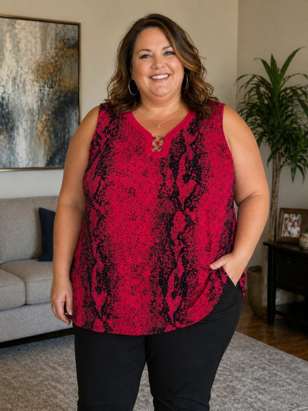 Penningtons Red Snake Print Batwing Top 4X Plus Size Statement Blouse Stretchy